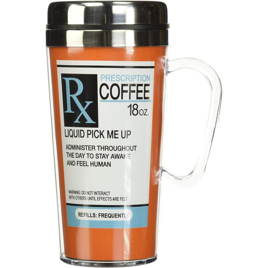 Spoontiques RX Prescription Liquid Pick Me Up Double Walled Stainless and Acrylic Insulated Travel Mug 14 ounce