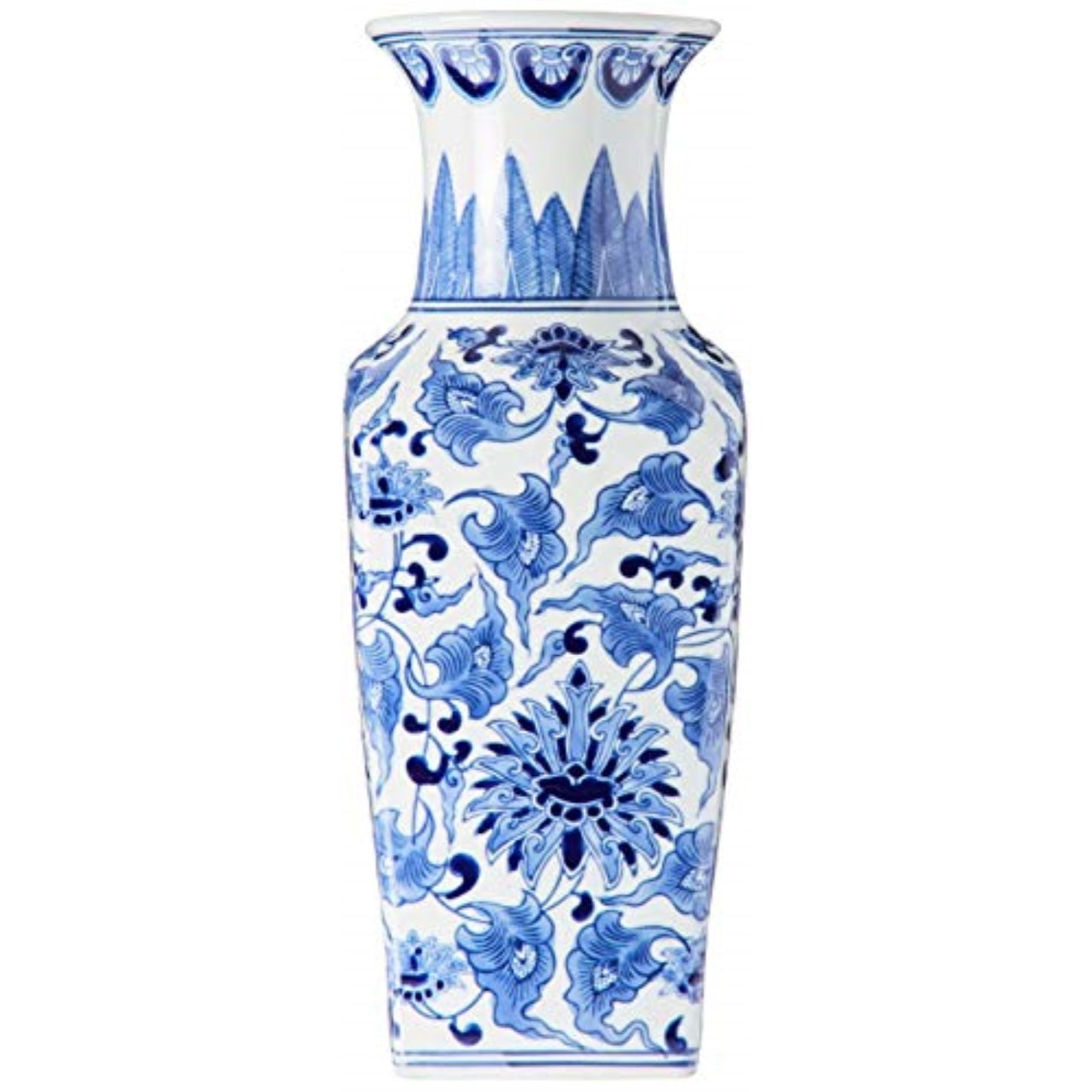 K&K Interiors Porcelain Blue and White Chinoiserie Square Vase 14 inch