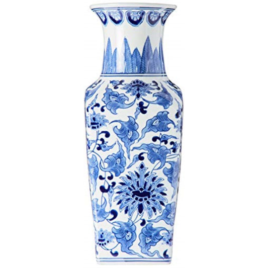 K&K Interiors Porcelain Blue and White Chinoiserie Square Vase 14 inch