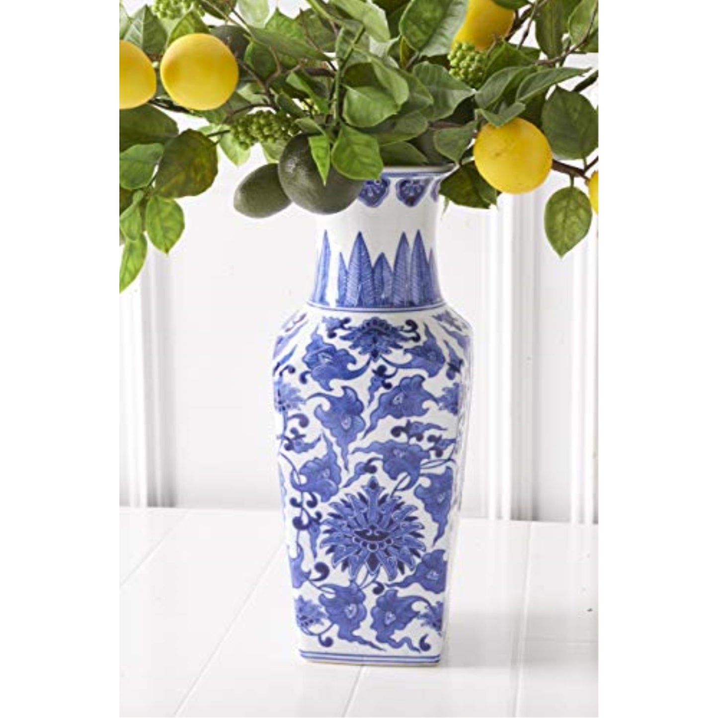 K&K Interiors Porcelain Blue and White Chinoiserie Square Vase 14 inch