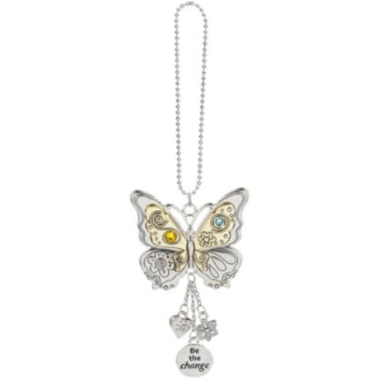 Ganz Silver and Gold Be the Change Butterfly Car Charm 7 inch with Silver Chain