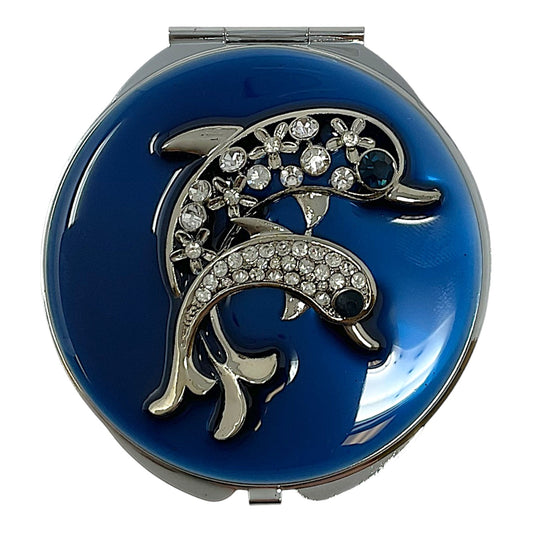 Dolphin and Baby Bejeweled Enamel Compact Mirror Travel Cosmetic Makeup Portable
