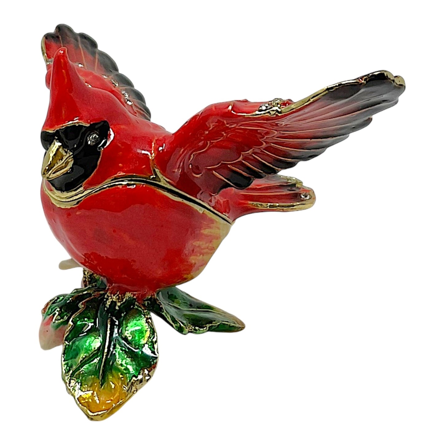 Red Flying Cardinal with Flower Bejeweled Enamel Bird Jewelry Trinket Keepsake Box 3.75 x 2.5 x 2.25 inch
