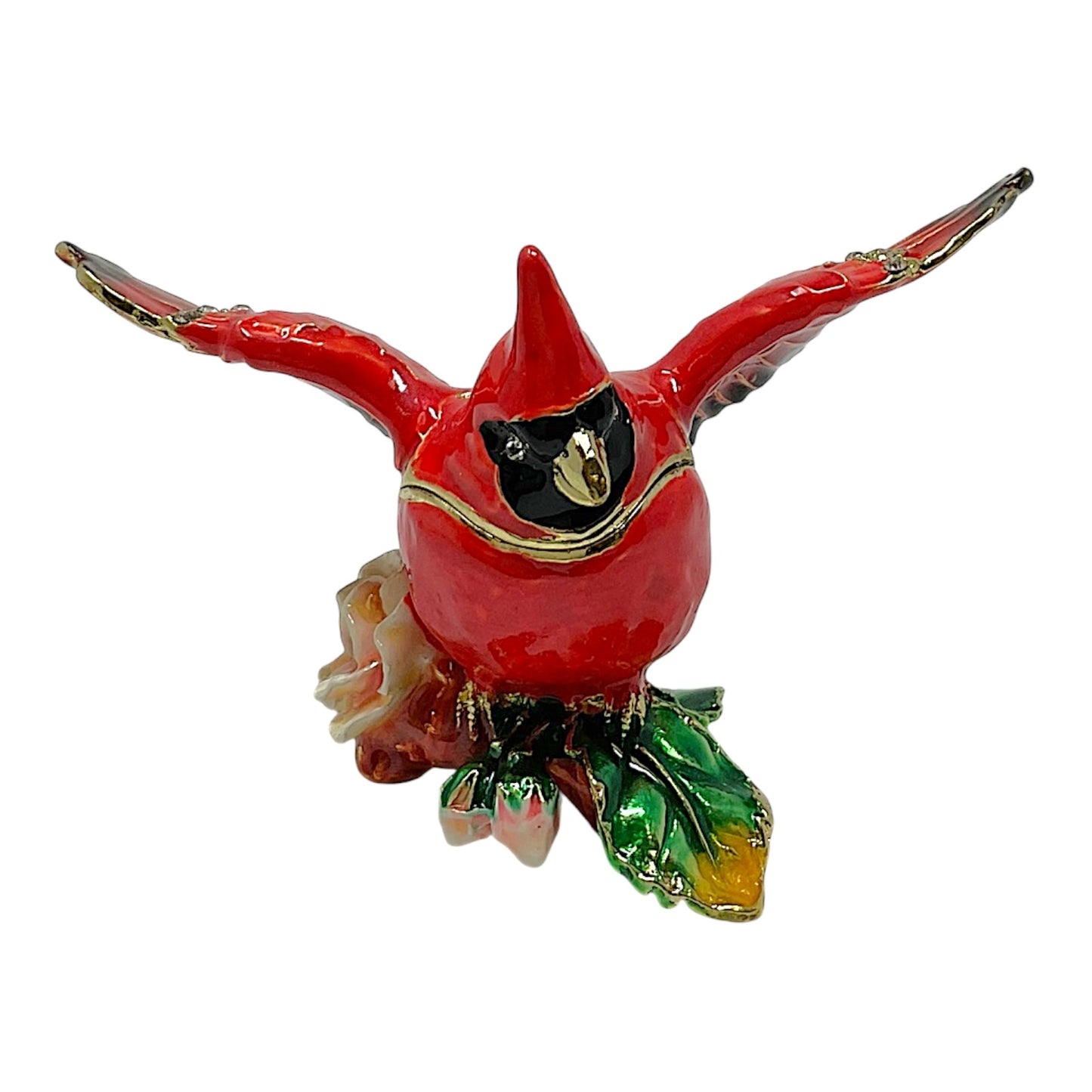 Red Flying Cardinal with Flower Bejeweled Enamel Bird Jewelry Trinket Keepsake Box 3.75 x 2.5 x 2.25 inch