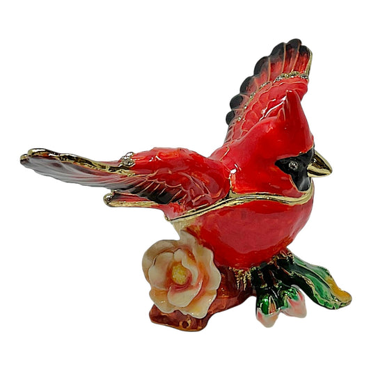 Red Flying Cardinal with Flower Bejeweled Enamel Bird Jewelry Trinket Keepsake Box 3.75 x 2.5 x 2.25 inch