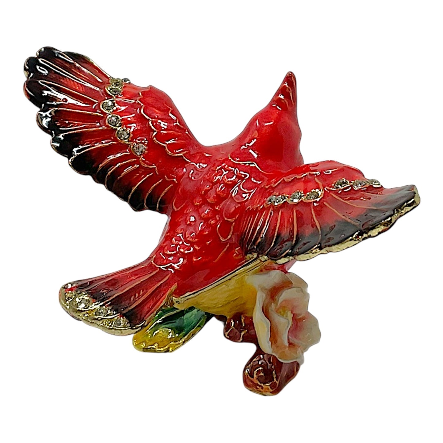 Red Flying Cardinal with Flower Bejeweled Enamel Bird Jewelry Trinket Keepsake Box 3.75 x 2.5 x 2.25 inch