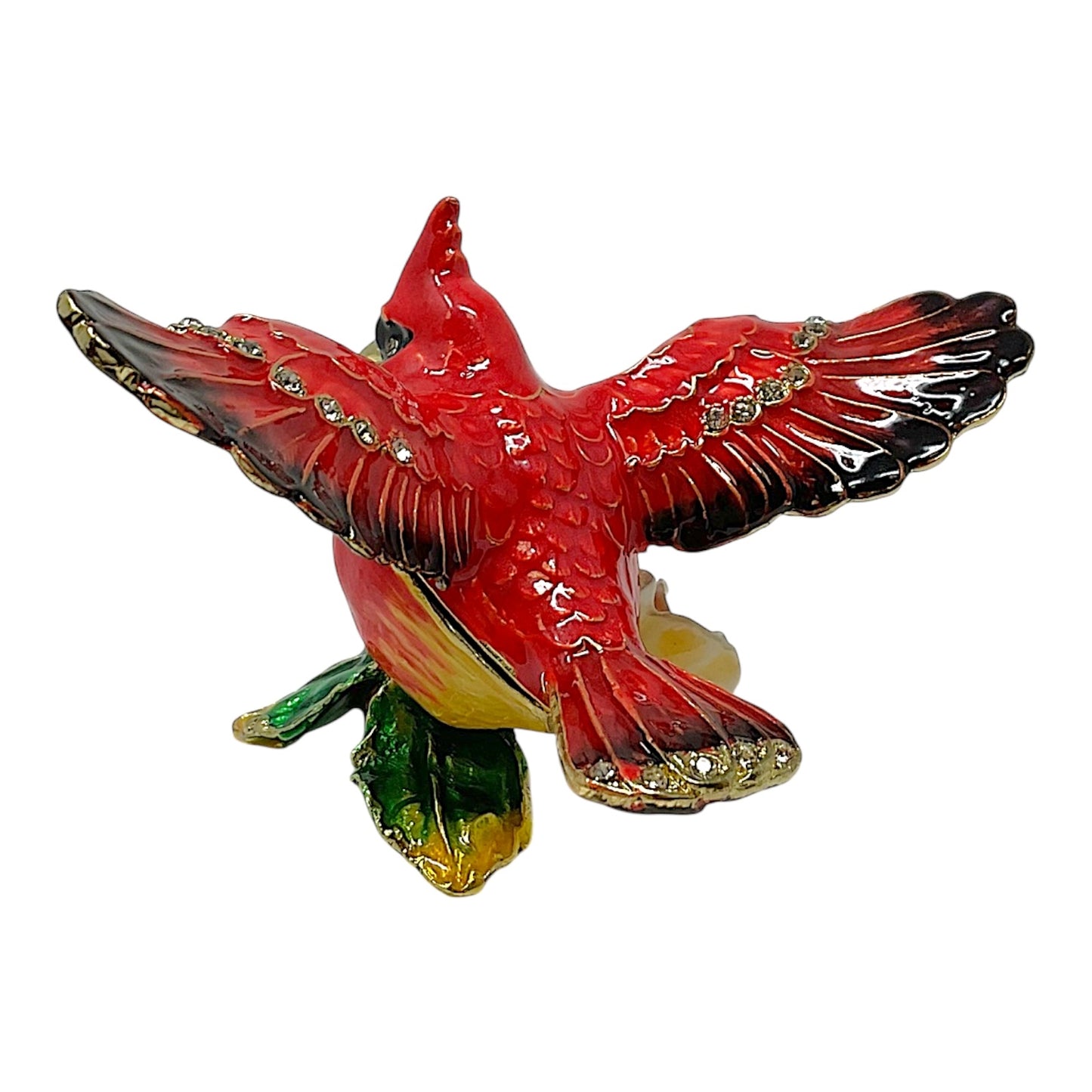 Red Flying Cardinal with Flower Bejeweled Enamel Bird Jewelry Trinket Keepsake Box 3.75 x 2.5 x 2.25 inch