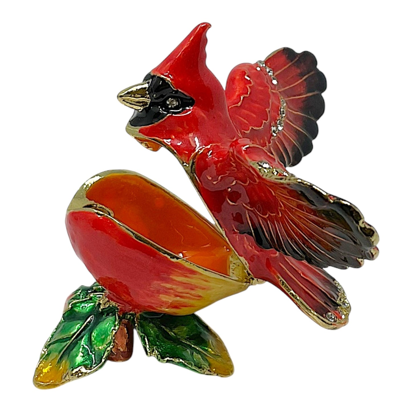 Red Flying Cardinal with Flower Bejeweled Enamel Bird Jewelry Trinket Keepsake Box 3.75 x 2.5 x 2.25 inch