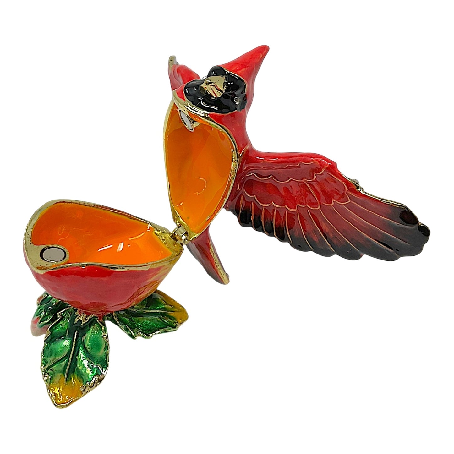 Red Flying Cardinal with Flower Bejeweled Enamel Bird Jewelry Trinket Keepsake Box 3.75 x 2.5 x 2.25 inch