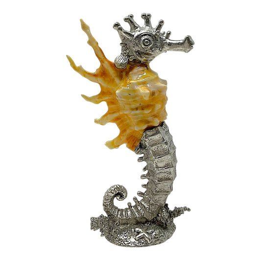 Seahorse Natural Sea Shell and Silver Pewter Metal Beach Coastal Sculpture Figurine 6.25 inch