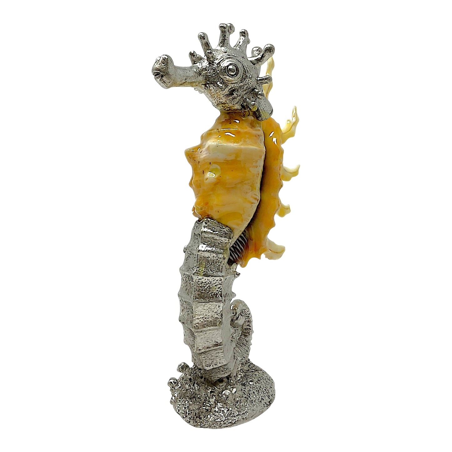 Seahorse Natural Sea Shell and Silver Pewter Metal Beach Coastal Sculpture Figurine 6.25 inch