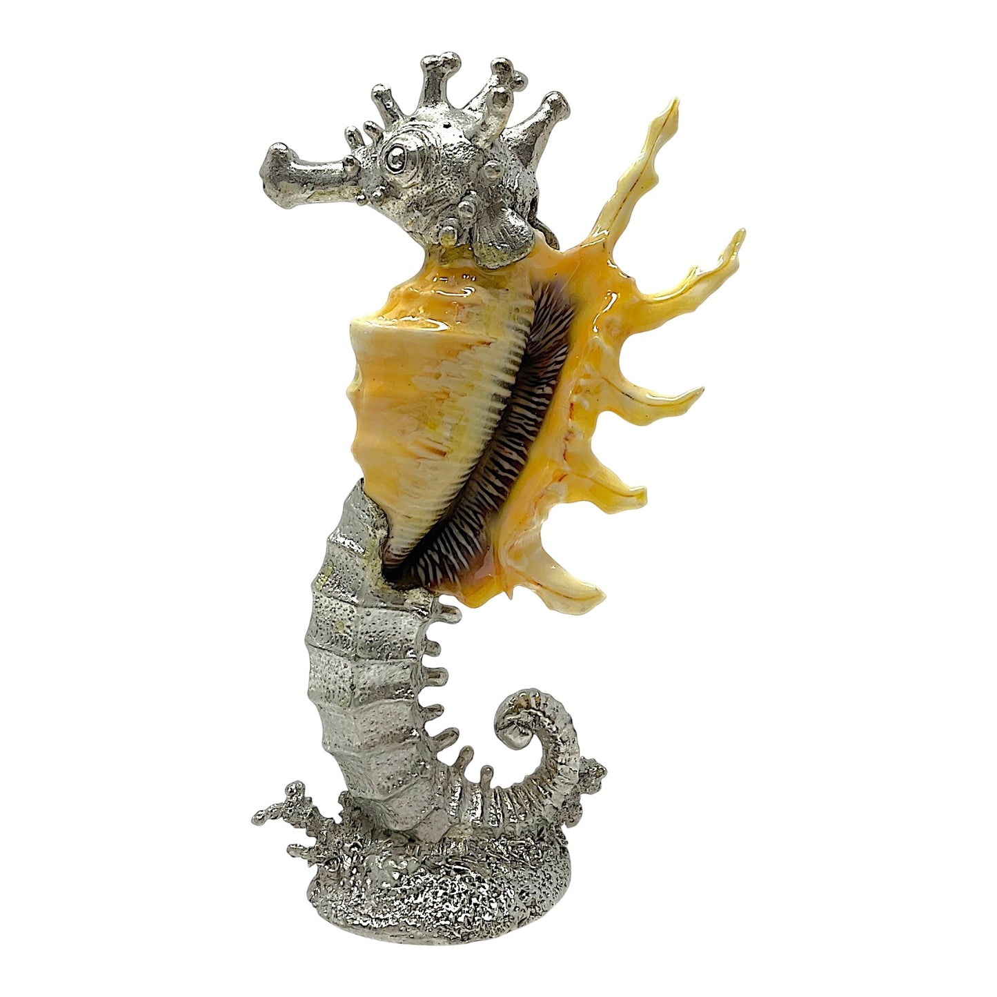 Seahorse Natural Sea Shell and Silver Pewter Metal Beach Coastal Sculpture Figurine 6.25 inch