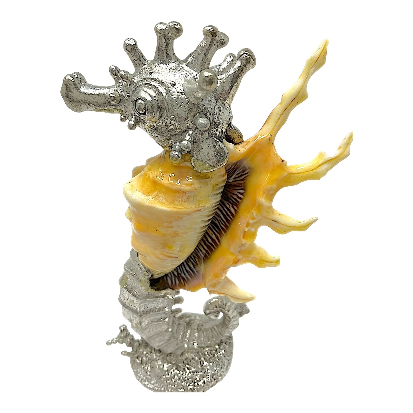 Seahorse Natural Sea Shell and Silver Pewter Metal Beach Coastal Sculpture Figurine 6.25 inch