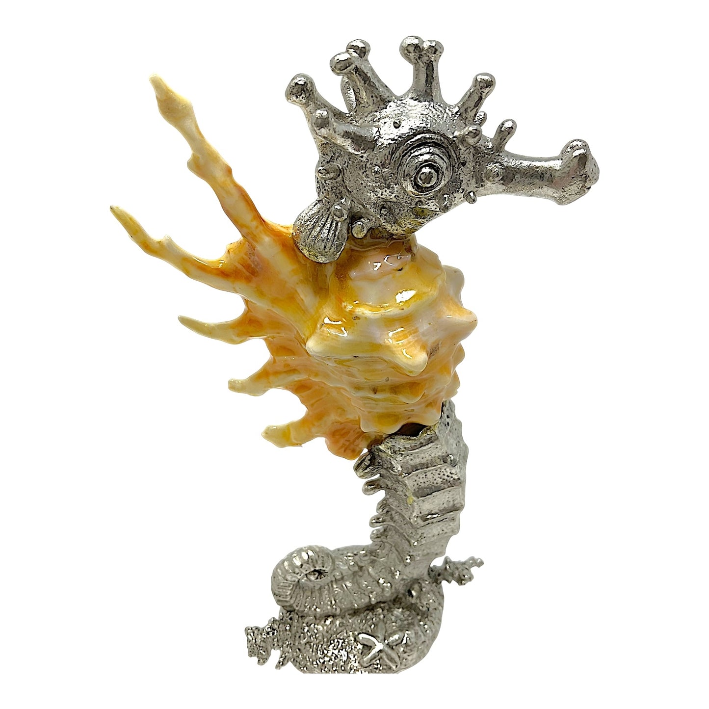 Seahorse Natural Sea Shell and Silver Pewter Metal Beach Coastal Sculpture Figurine 6.25 inch