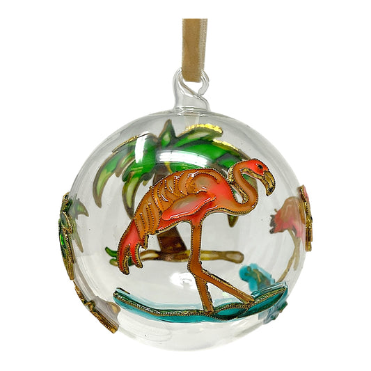 Flamingo with Palm Trees Cloisonne Glass Ball Christmas Tree Ornament 3 inch