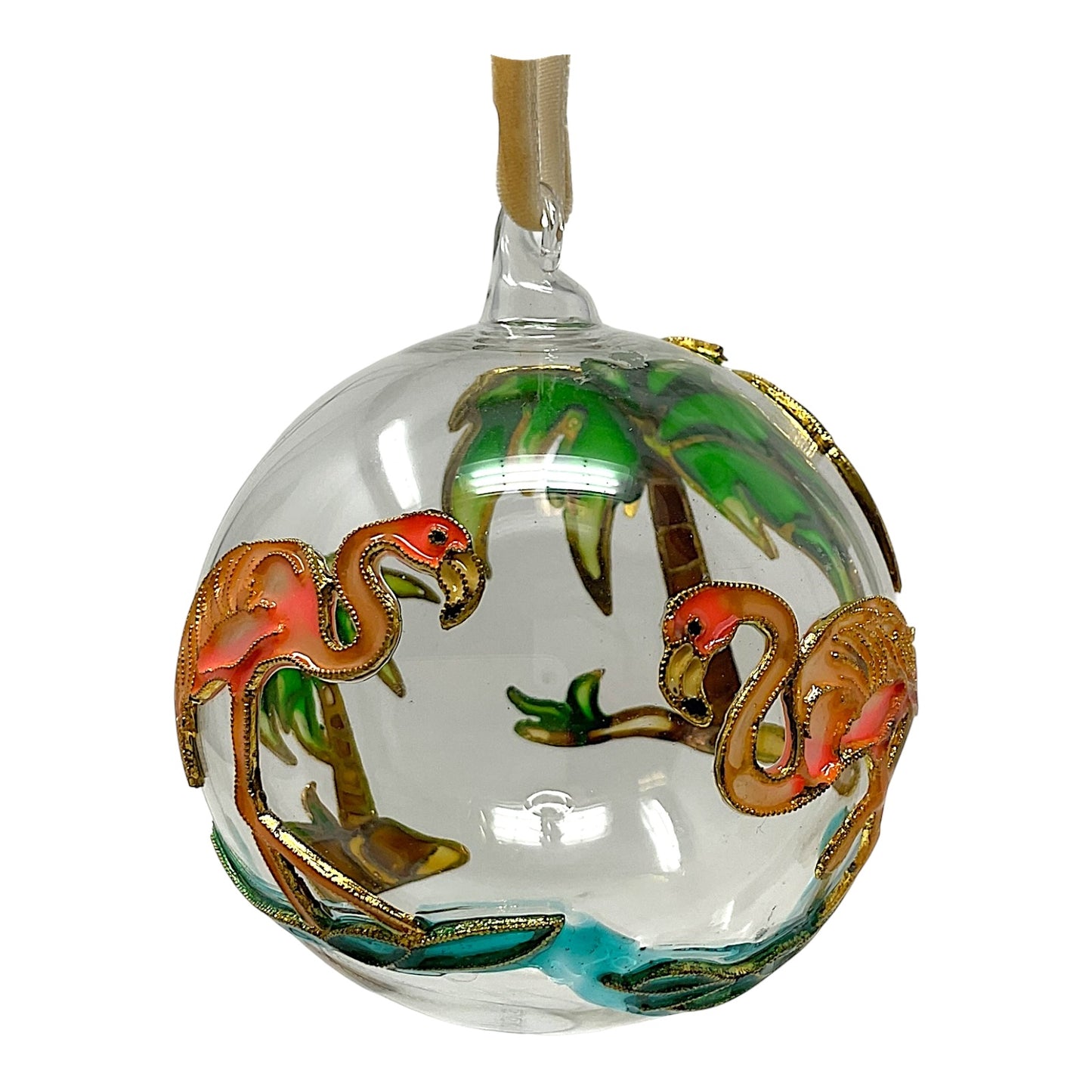 Flamingo with Palm Trees Cloisonne Glass Ball Christmas Tree Ornament 3 inch