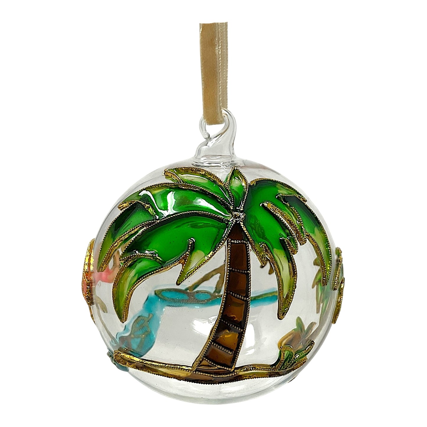 Flamingo with Palm Trees Cloisonne Glass Ball Christmas Tree Ornament 3 inch