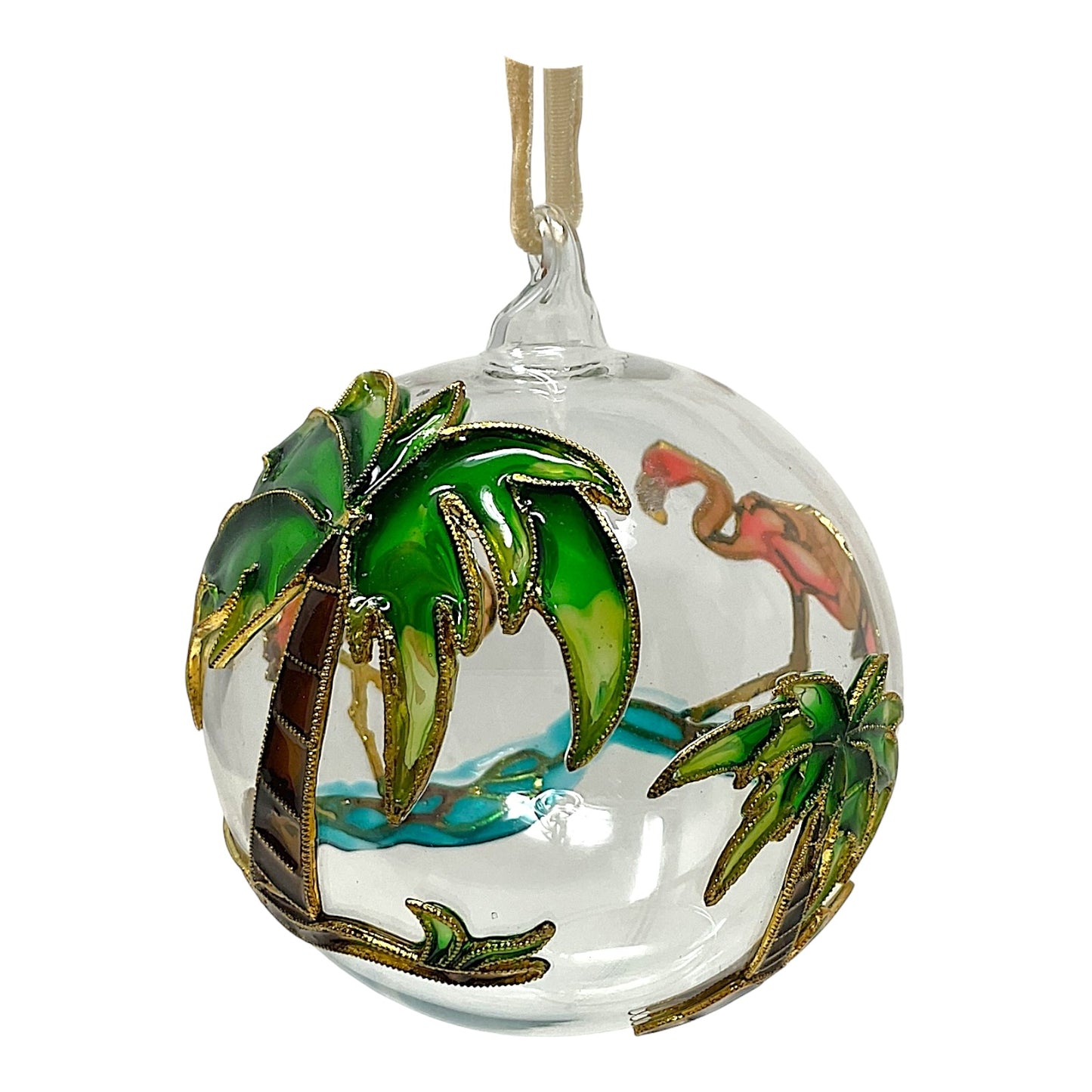 Flamingo with Palm Trees Cloisonne Glass Ball Christmas Tree Ornament 3 inch