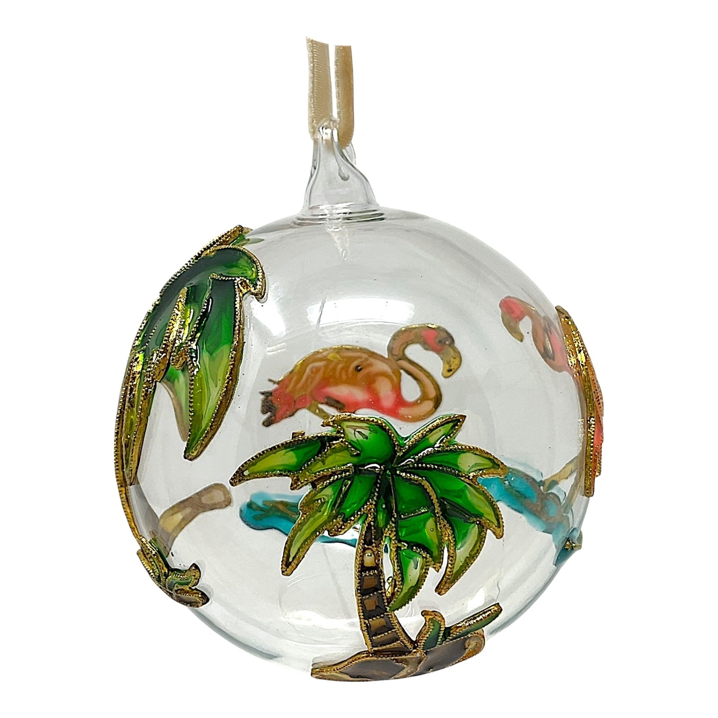 Flamingo with Palm Trees Cloisonne Glass Ball Christmas Tree Ornament 3 inch