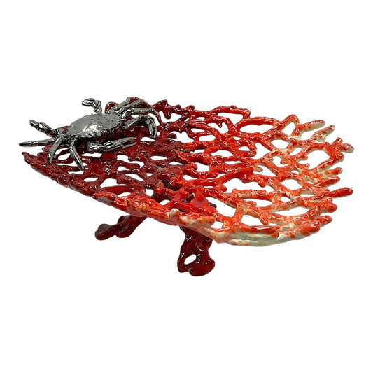 Red Enameled Coral with Pewter Crab Soap Dish Tray Holder  6 x 5 x 2 inch