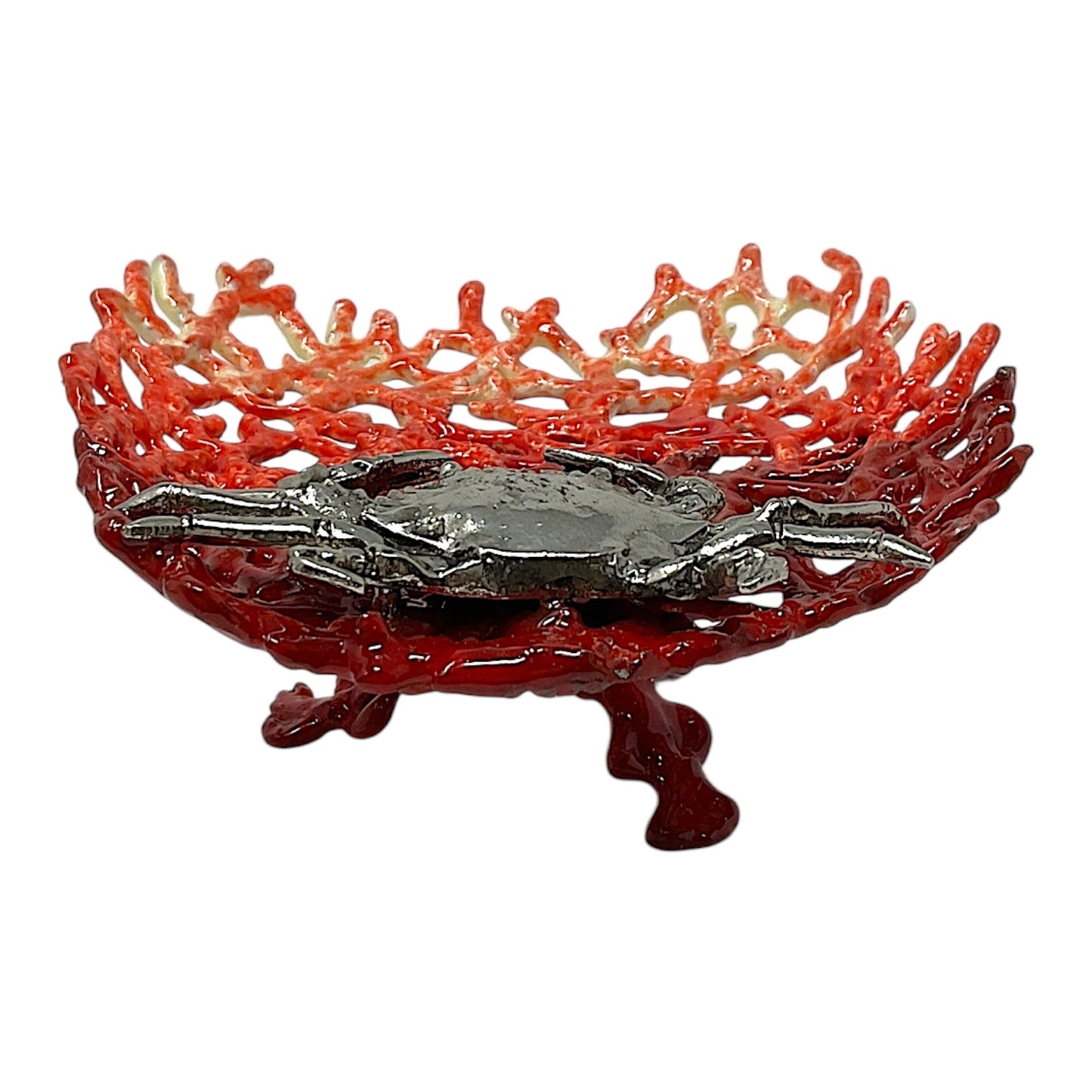Red Enameled Coral with Pewter Crab Soap Dish Tray Holder  6 x 5 x 2 inch