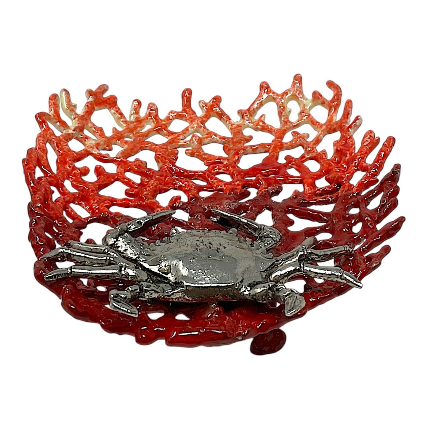 Red Enameled Coral with Pewter Crab Soap Dish Tray Holder  6 x 5 x 2 inch
