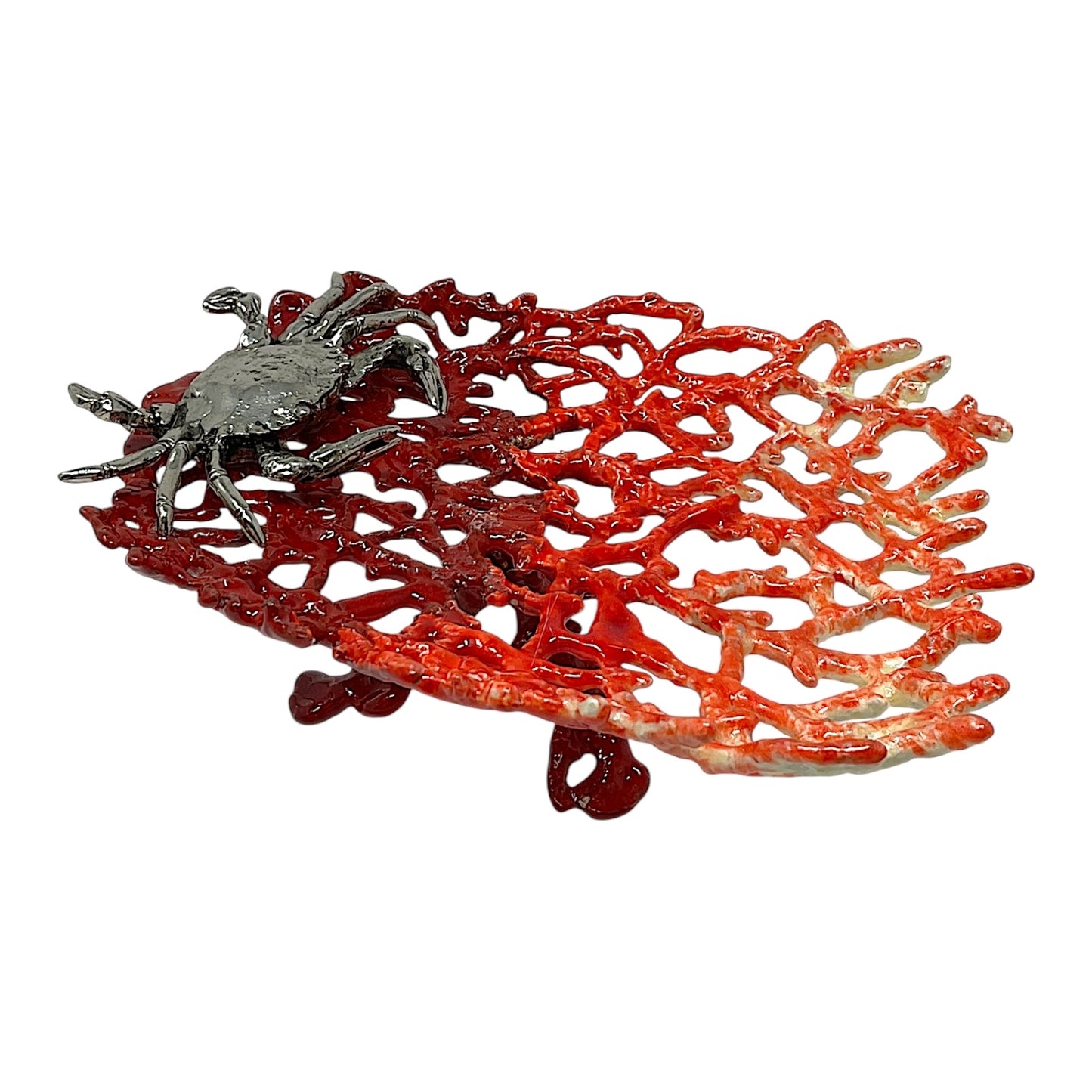 Red Enameled Coral with Pewter Crab Soap Dish Tray Holder  6 x 5 x 2 inch