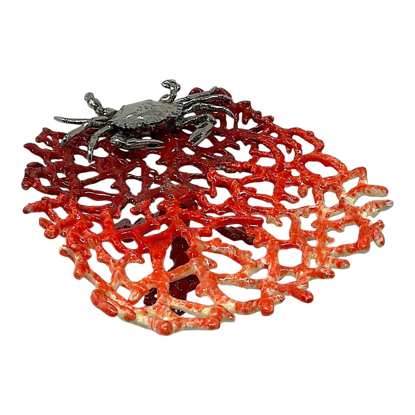 Red Enameled Coral with Pewter Crab Soap Dish Tray Holder  6 x 5 x 2 inch