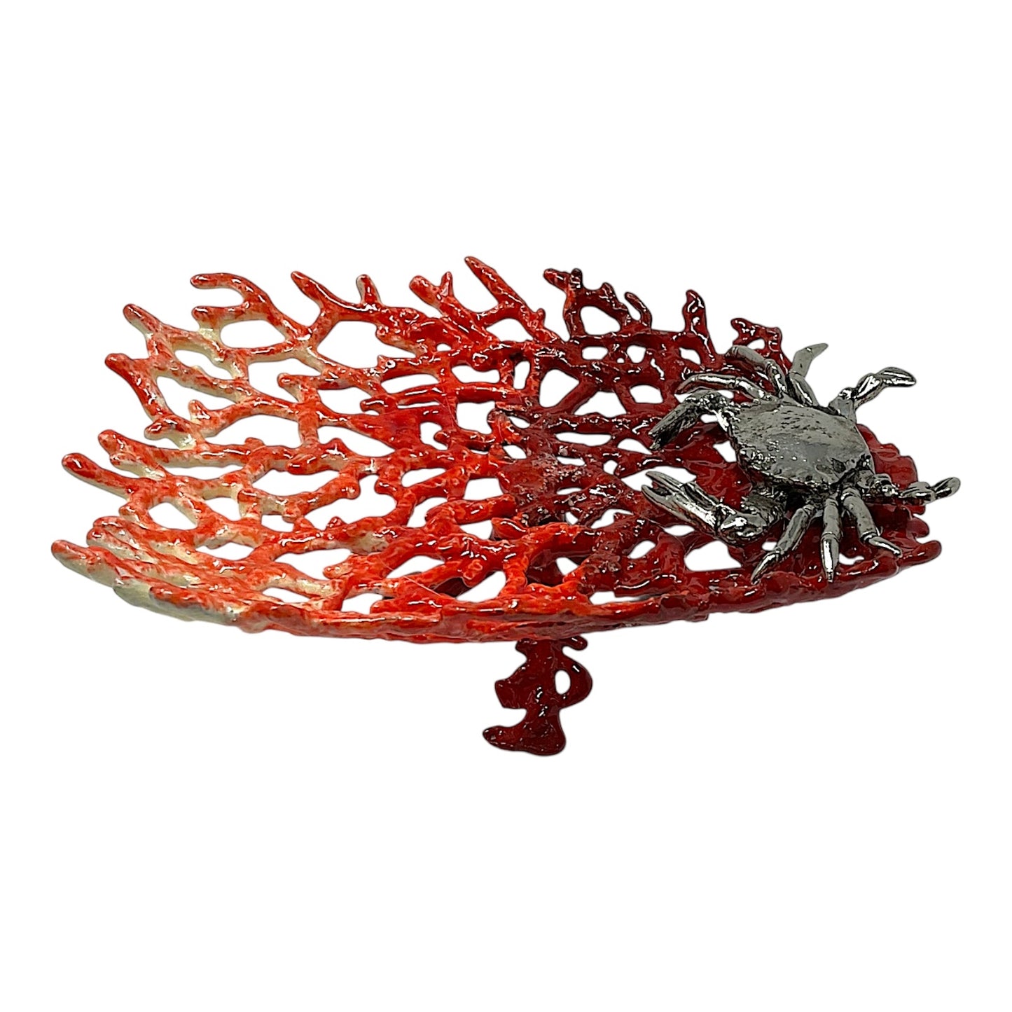 Red Enameled Coral with Pewter Crab Soap Dish Tray Holder  6 x 5 x 2 inch