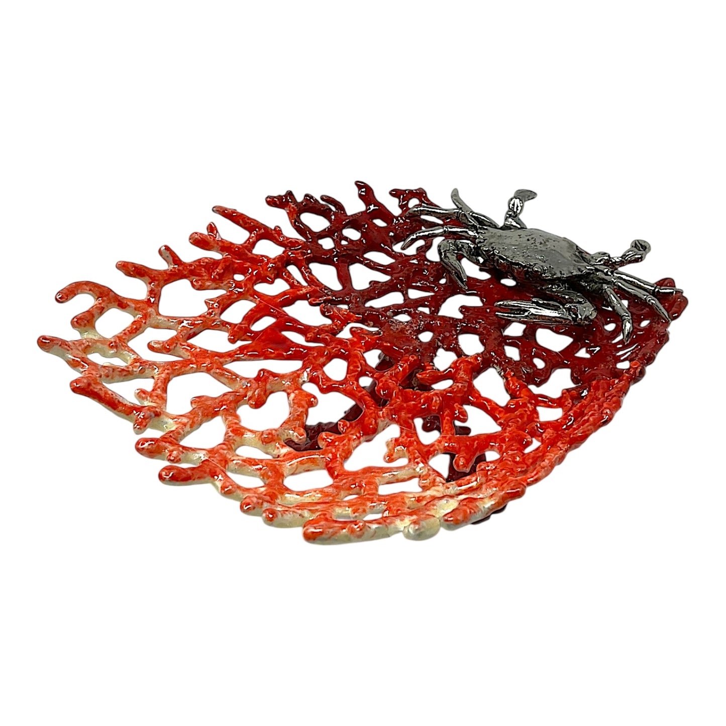 Red Enameled Coral with Pewter Crab Soap Dish Tray Holder  6 x 5 x 2 inch