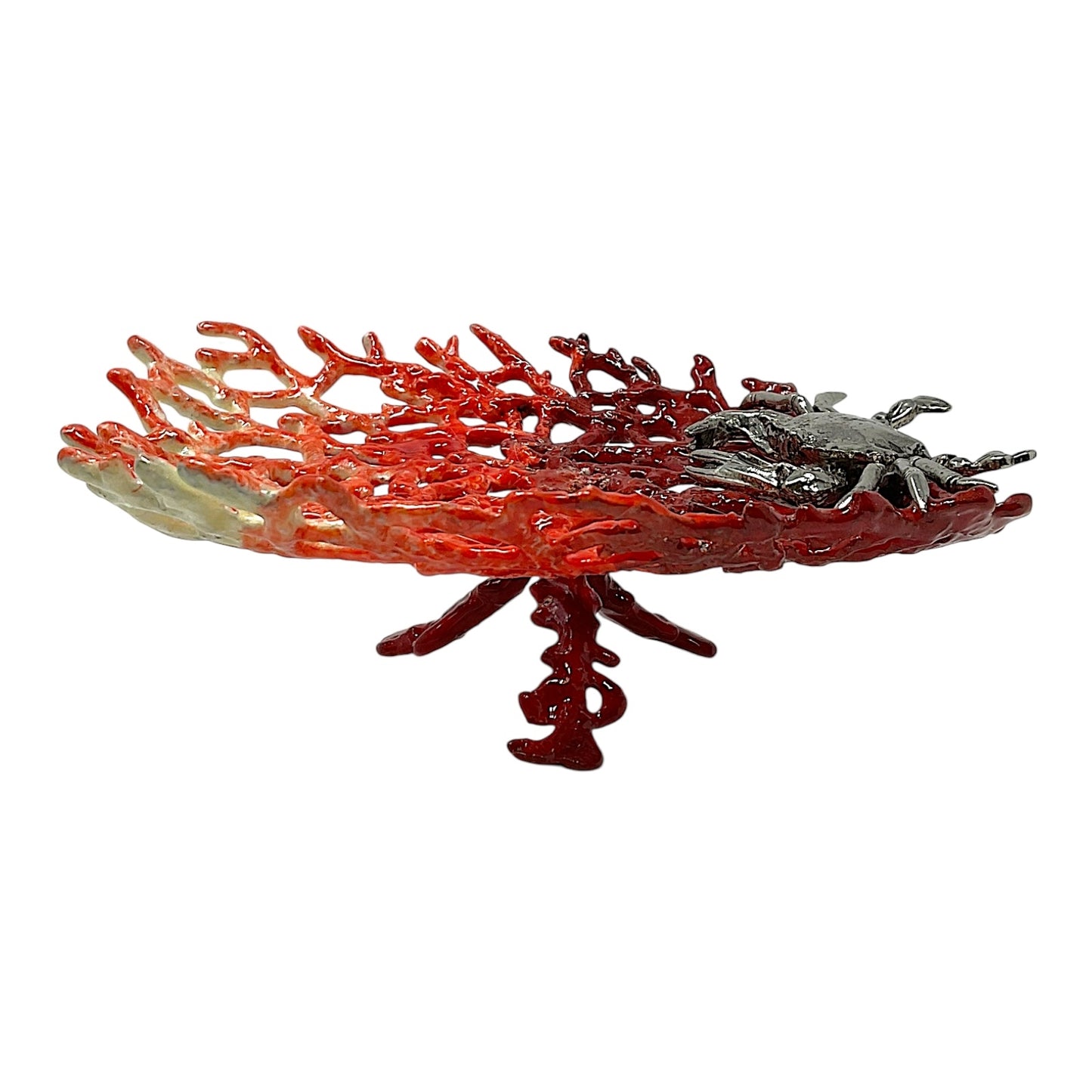 Red Enameled Coral with Pewter Crab Soap Dish Tray Holder  6 x 5 x 2 inch