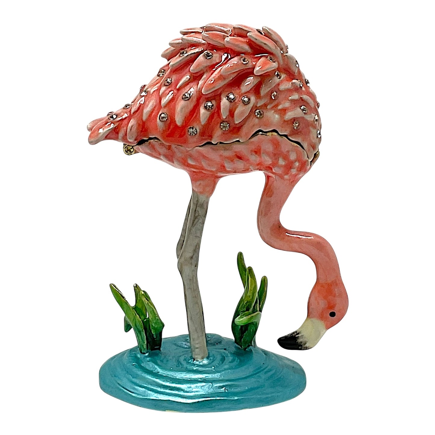 Pink Flamingo in the Water Enamel Bejeweled Jewelry Trinket Keepsake Box 2.25 x 3.3 inch