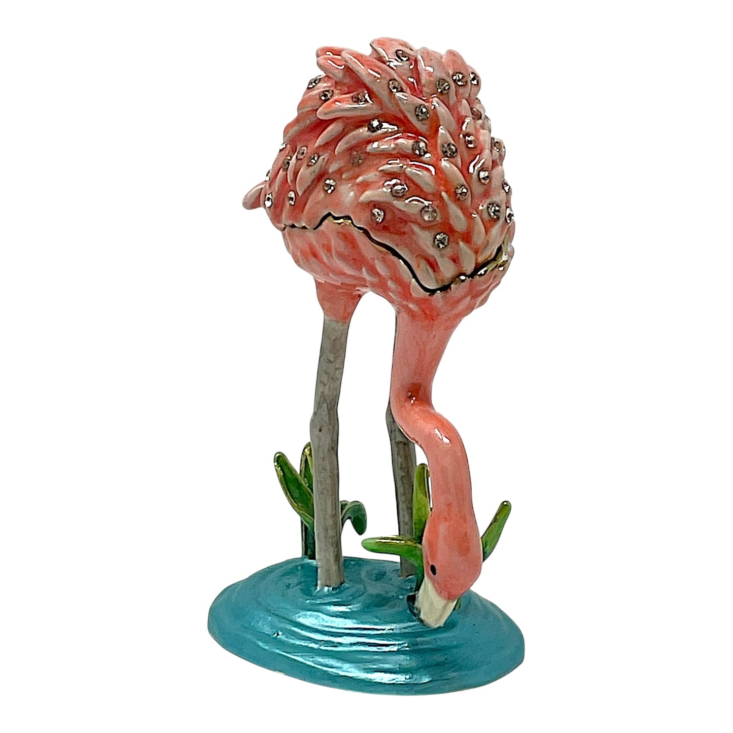Pink Flamingo in the Water Enamel Bejeweled Jewelry Trinket Keepsake Box 2.25 x 3.3 inch