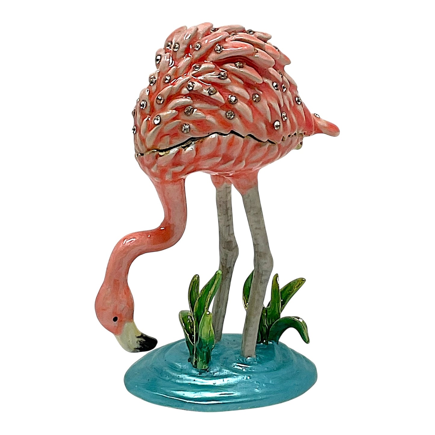 Pink Flamingo in the Water Enamel Bejeweled Jewelry Trinket Keepsake Box 2.25 x 3.3 inch