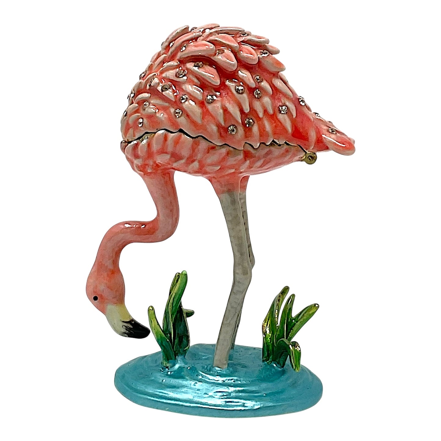 Pink Flamingo in the Water Enamel Bejeweled Jewelry Trinket Keepsake Box 2.25 x 3.3 inch