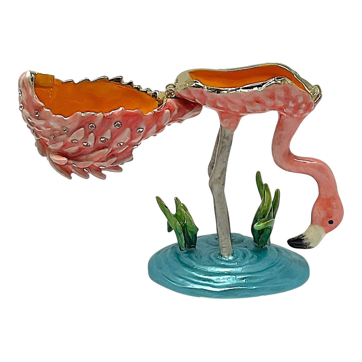 Pink Flamingo in the Water Enamel Bejeweled Jewelry Trinket Keepsake Box 2.25 x 3.3 inch