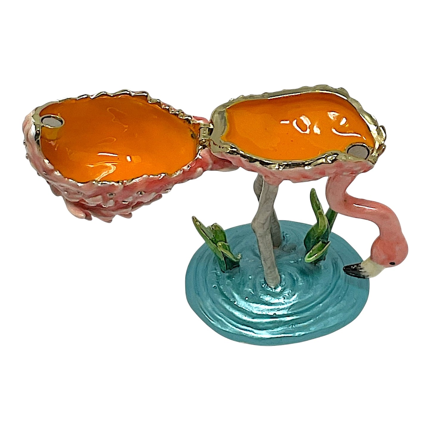 Pink Flamingo in the Water Enamel Bejeweled Jewelry Trinket Keepsake Box 2.25 x 3.3 inch