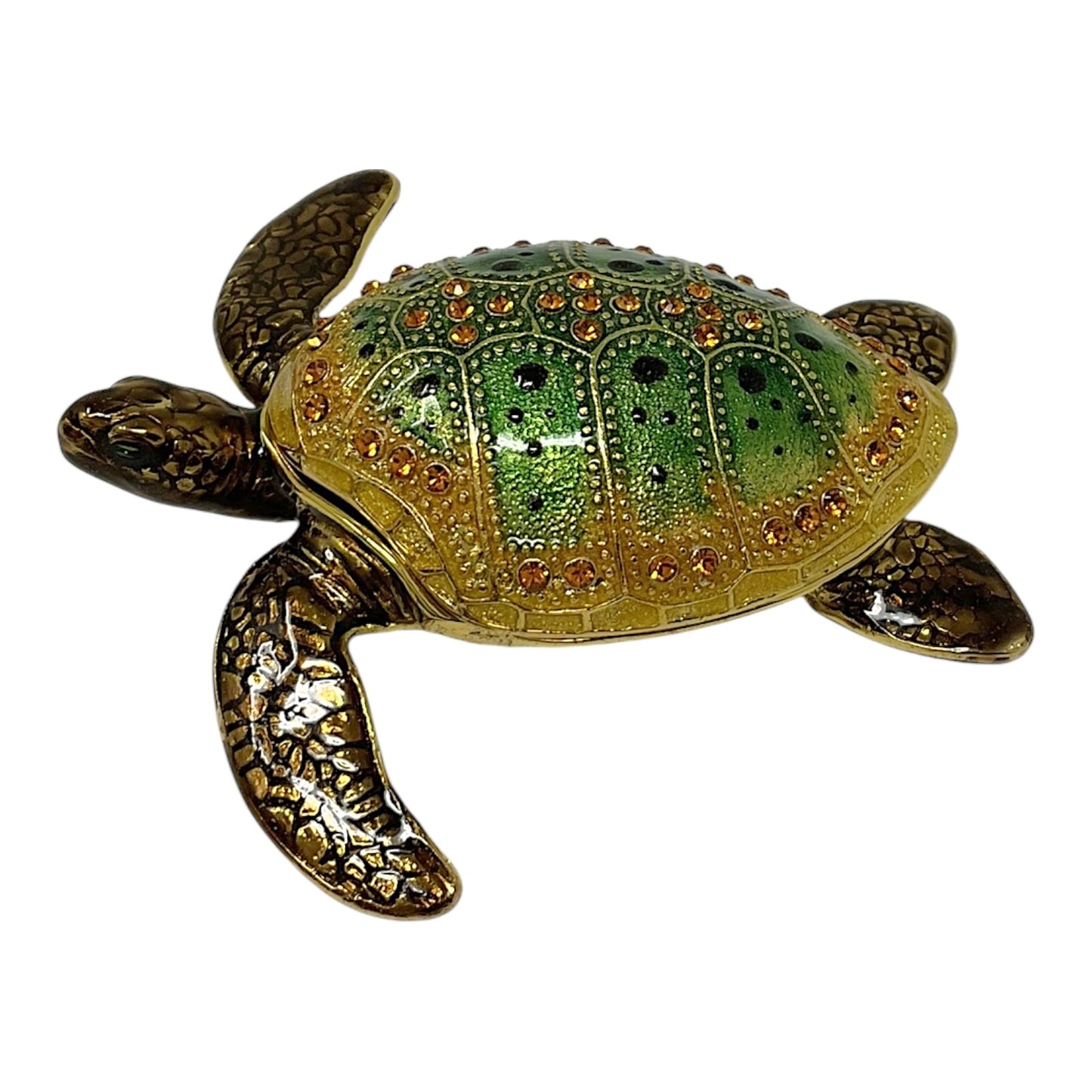 Green Sea Turtle Bejeweled Enamel Jewelry Trinket Keepsake Box Container 3 x 2.8 inch