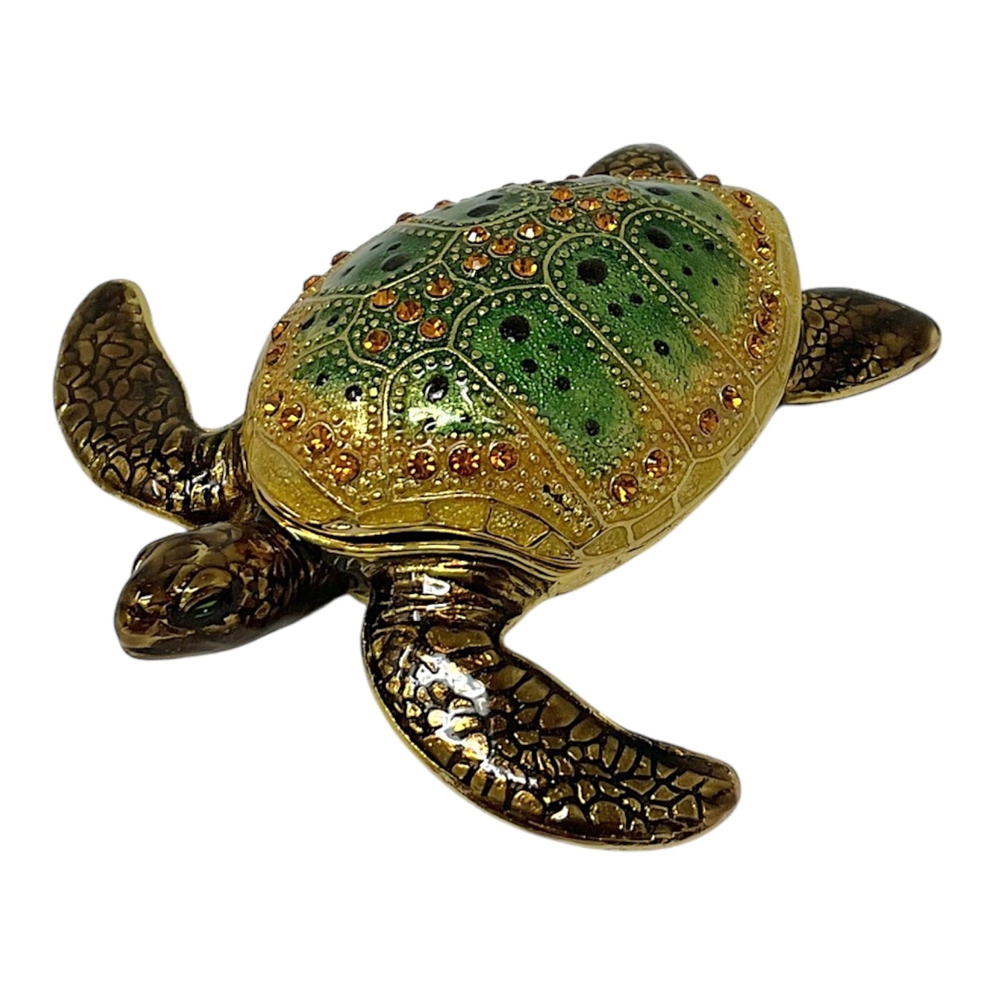 Green Sea Turtle Bejeweled Enamel Jewelry Trinket Keepsake Box Container 3 x 2.8 inch
