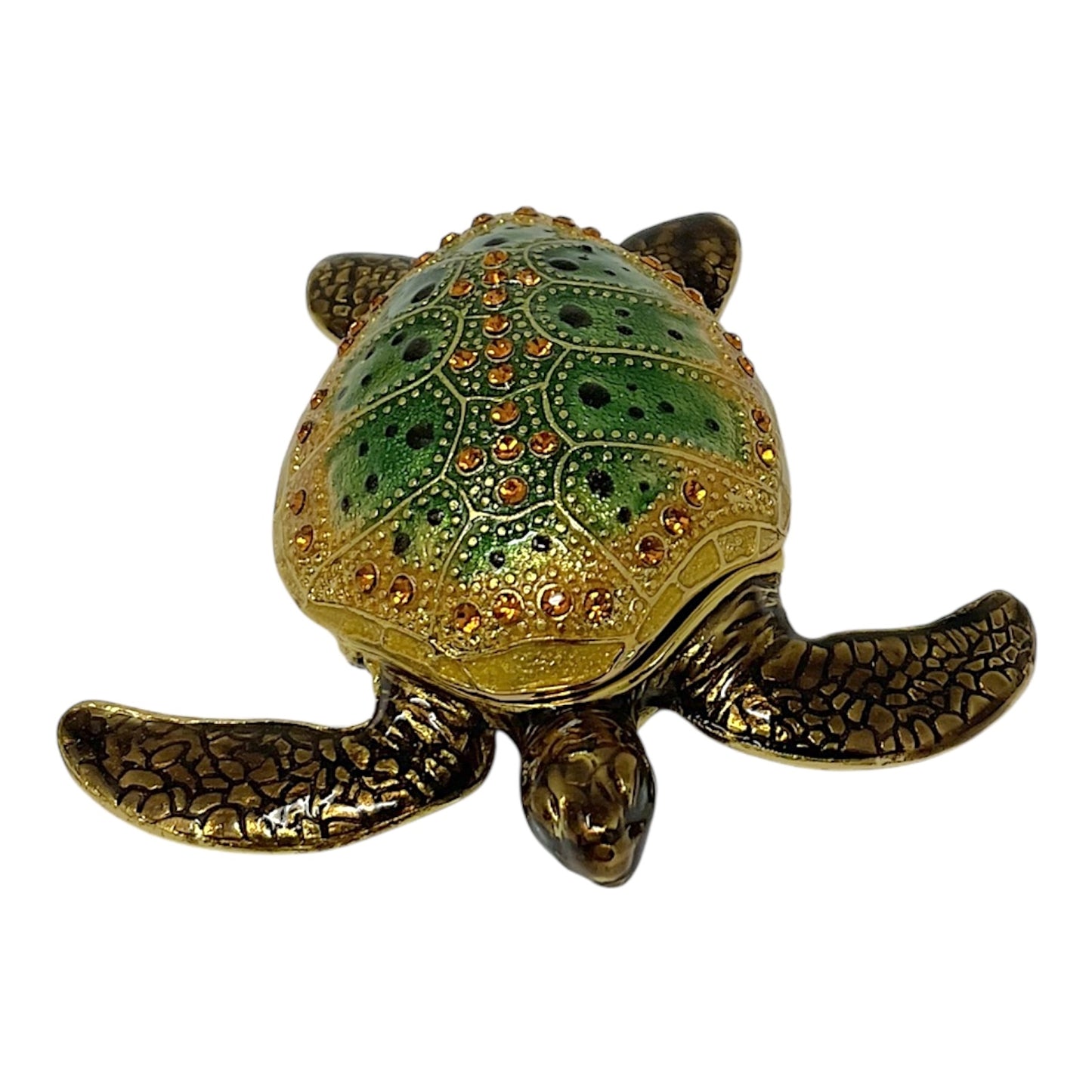 Green Sea Turtle Bejeweled Enamel Jewelry Trinket Keepsake Box Container 3 x 2.8 inch
