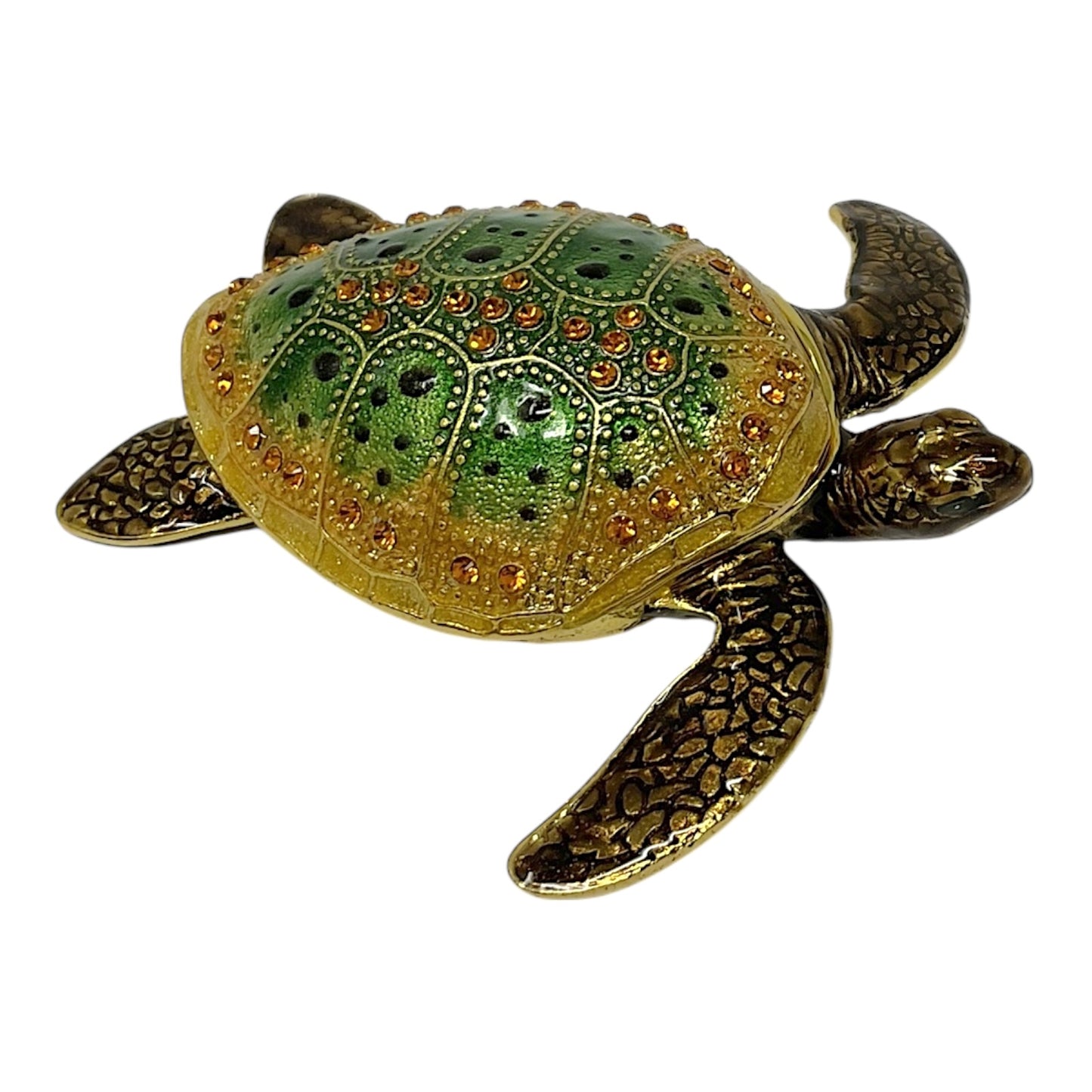 Green Sea Turtle Bejeweled Enamel Jewelry Trinket Keepsake Box Container 3 x 2.8 inch