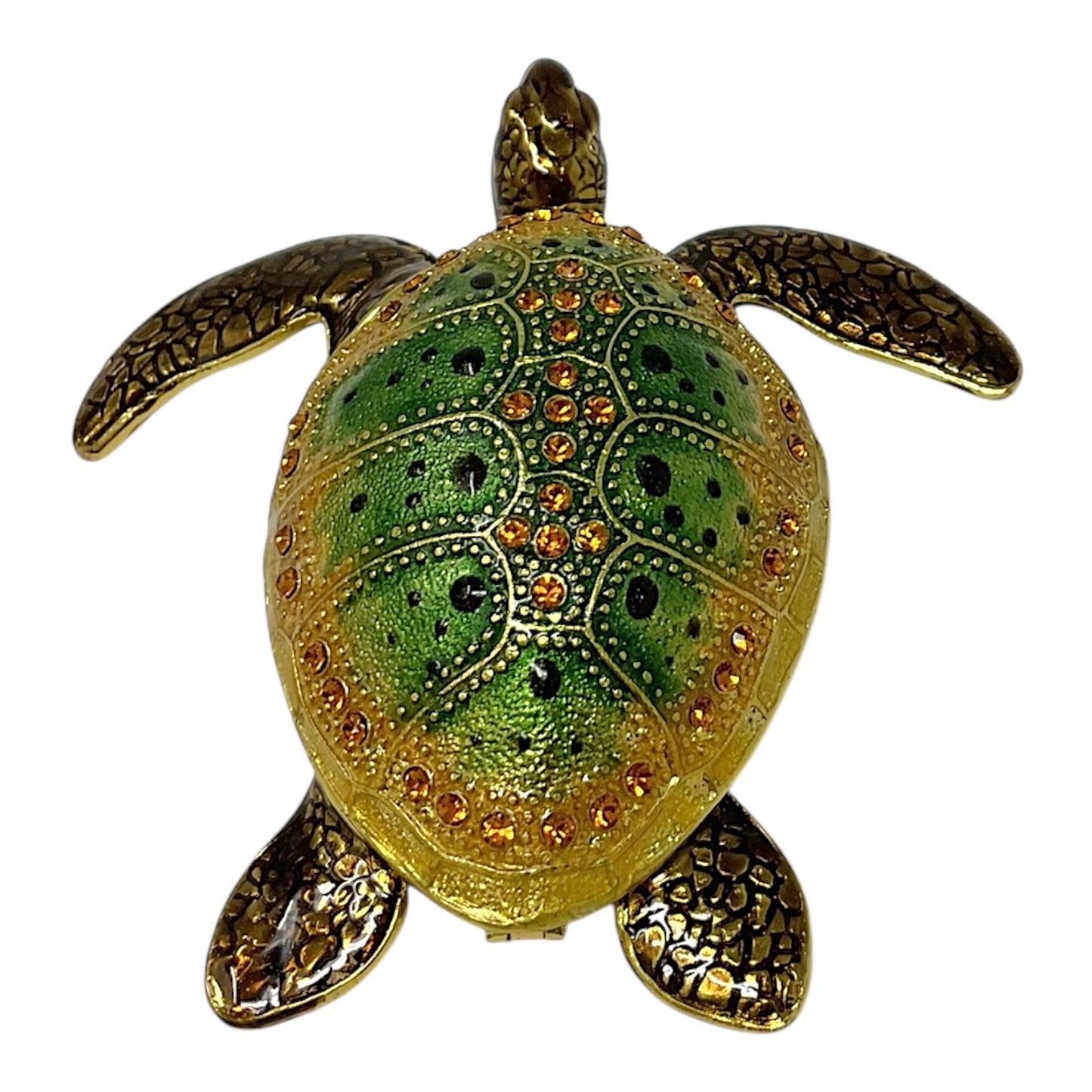 Green Sea Turtle Bejeweled Enamel Jewelry Trinket Keepsake Box Container 3 x 2.8 inch