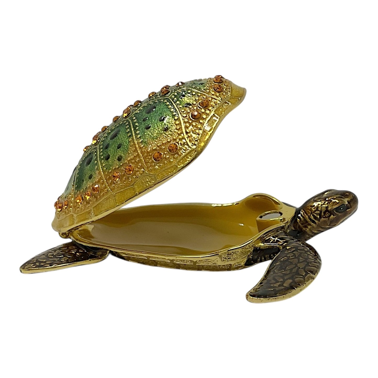 Green Sea Turtle Bejeweled Enamel Jewelry Trinket Keepsake Box Container 3 x 2.8 inch