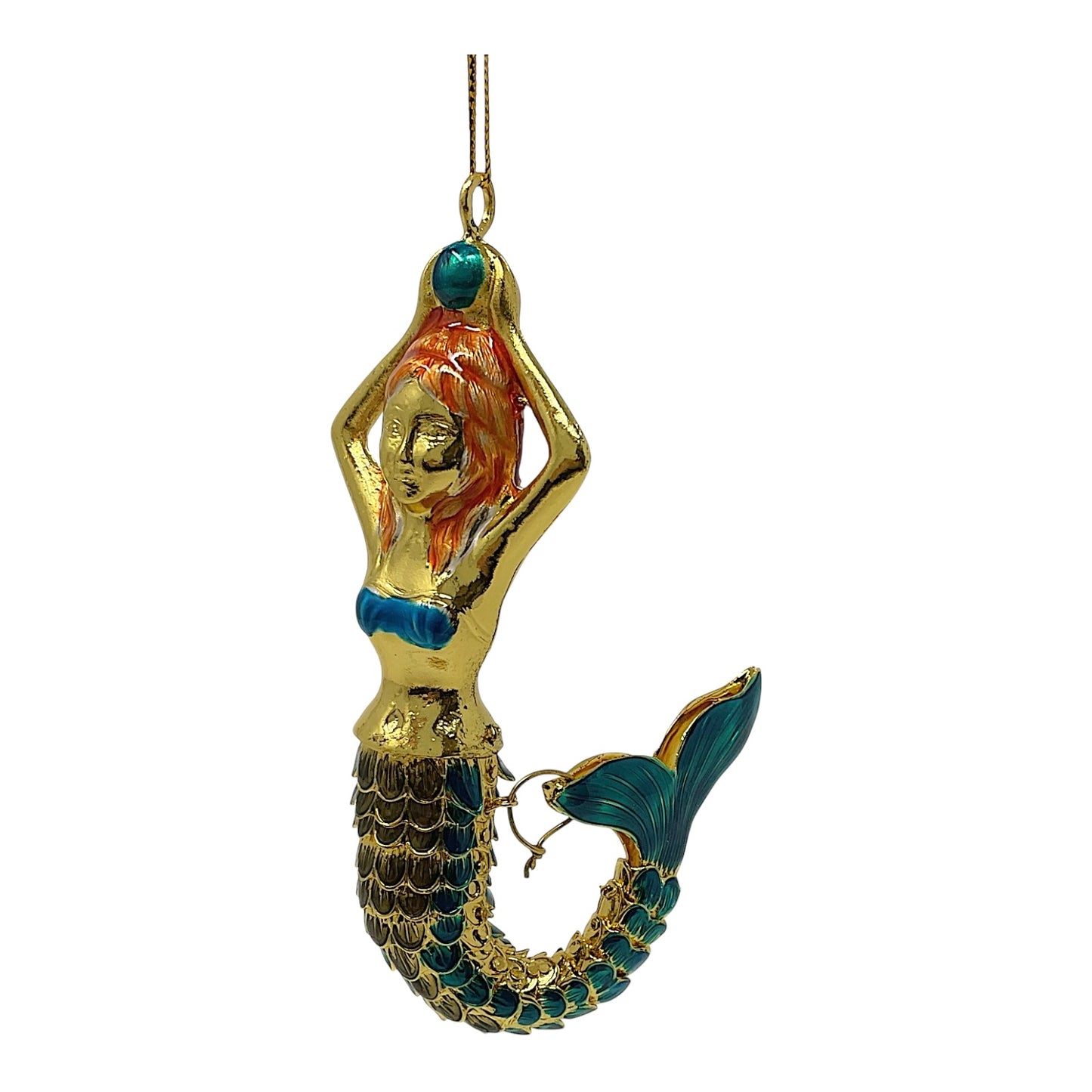 Turquoise and Gold Mermaid Articulated Enamel Metal Christmas Tree Ornament 4.25 inch