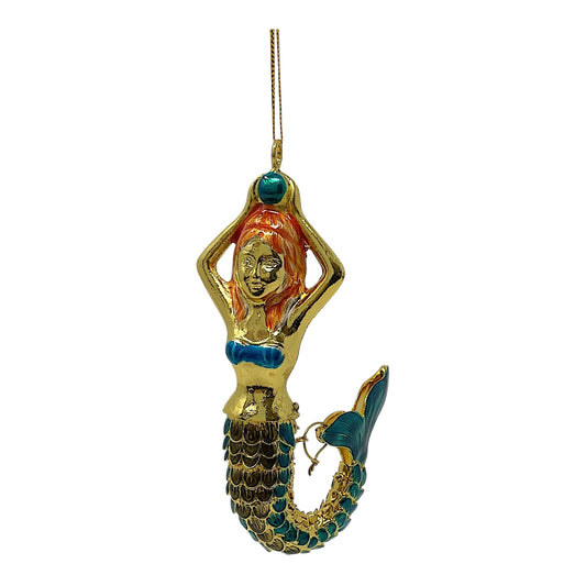 Turquoise and Gold Mermaid Articulated Enamel Metal Christmas Tree Ornament 4.25 inch