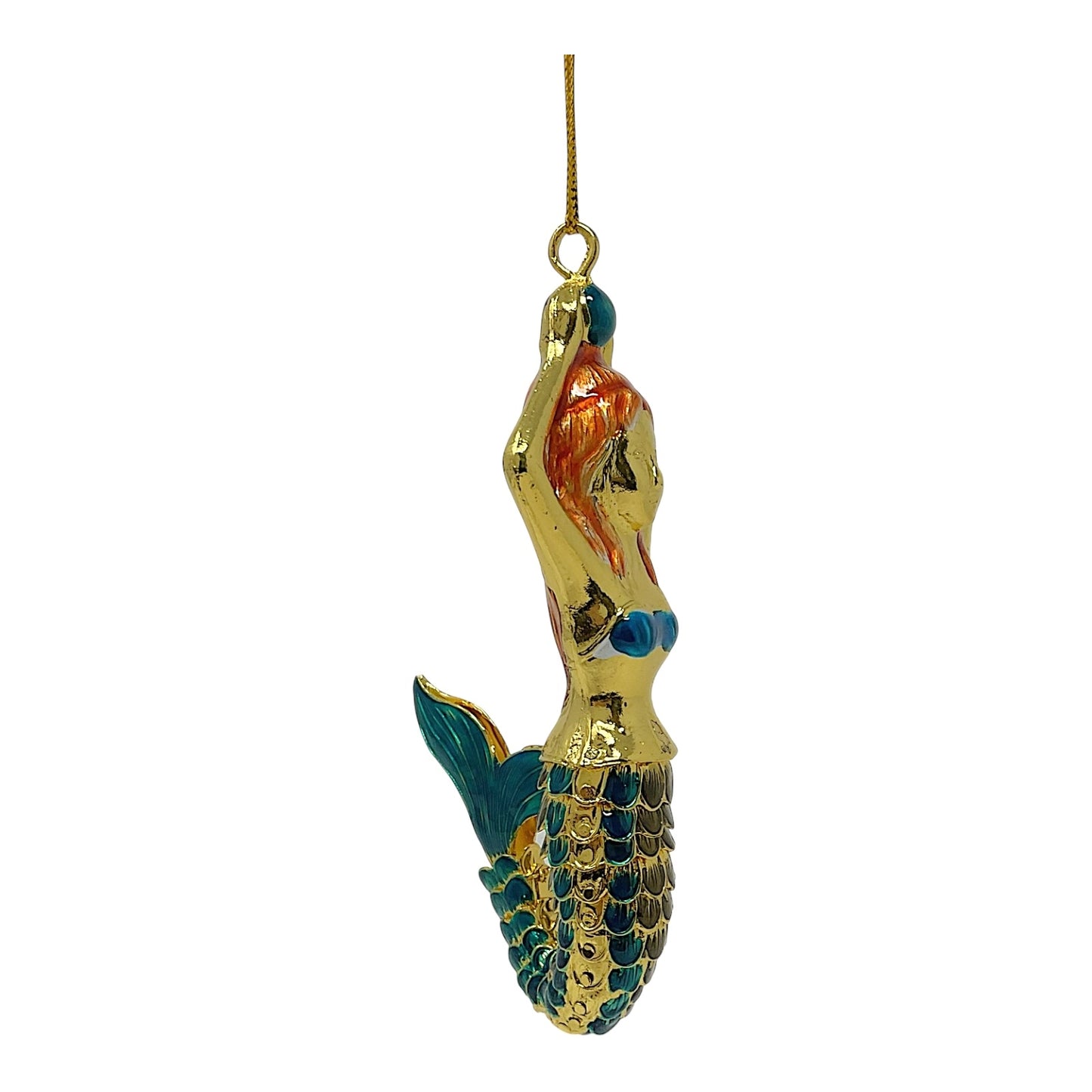 Turquoise and Gold Mermaid Articulated Enamel Metal Christmas Tree Ornament 4.25 inch