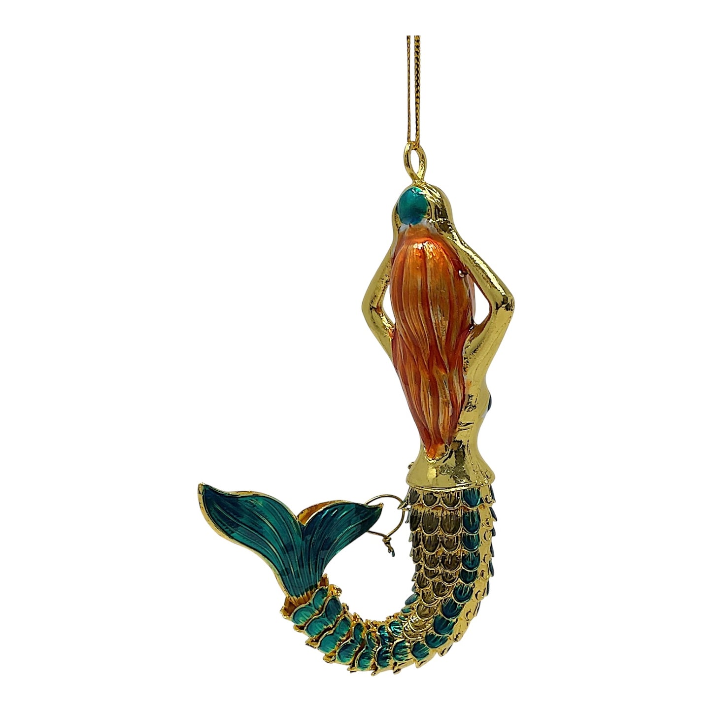 Turquoise and Gold Mermaid Articulated Enamel Metal Christmas Tree Ornament 4.25 inch