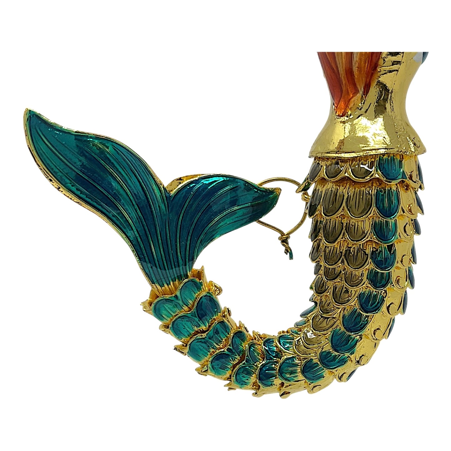 Turquoise and Gold Mermaid Articulated Enamel Metal Christmas Tree Ornament 4.25 inch