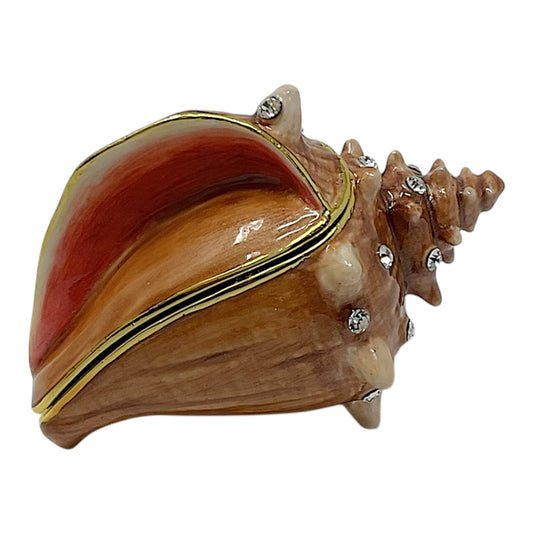 Conch Seashell Bejeweled Enamel Jewelry Trinket Keepsake Box Container Shell 2.9 x 1.75 inch
