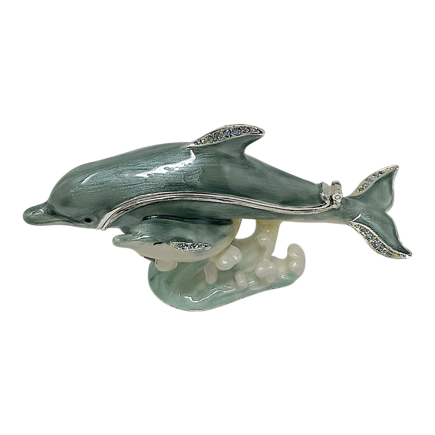 Dolphin with Baby Bejeweled Enamel Jewelry Trinket Keepsake Box Container 4 x 2.1 inch